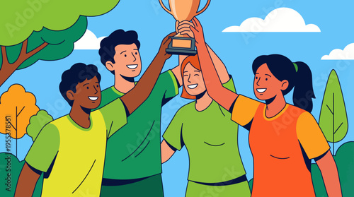 A group of four joyful friends celebrating a trophy win in a park, showcasing teamwork, camaraderie, and the thrill of collective achievement through sport.