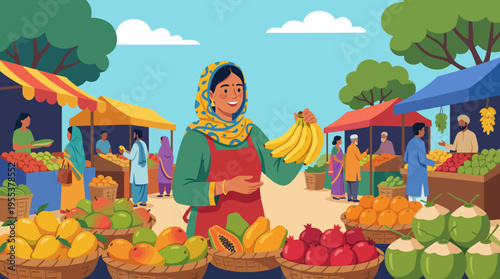 A vibrant market scene where a woman is joyfully showcasing bananas, surrounded by fresh fruits in beautifully arranged baskets, promoting community and local produce.