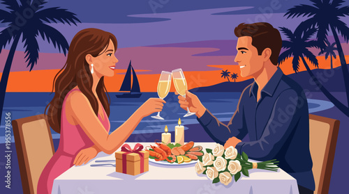 An intimate dining setting at sunset featuring a couple toasting their champagne, set against a backdrop of a tranquil beach and glowing candlelight, portraying romance and luxury.