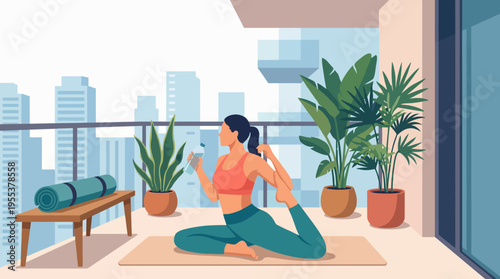 A woman practicing yoga on a balcony with a city view, surrounded by plants and wellness items, highlighting balance, inner peace, and the fusion of nature with urban life.