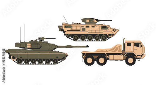 Military Vehicles Set Illustration: Modern Battle Tank, Armored Personnel Carrier, and Tactical Cargo Truck Isolated on White Background