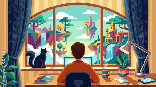 A person works at a desk facing a whimsical window view of floating islands and a serene landscape, conjuring creativity, imagination, and inspiration within a cozy workspace.