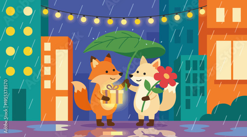 Two charming cartoon foxes sharing a cozy umbrella in the rain, presenting a heartwarming scene of friendship, love, and playfulness amidst an urban backdrop of vibrant colors.