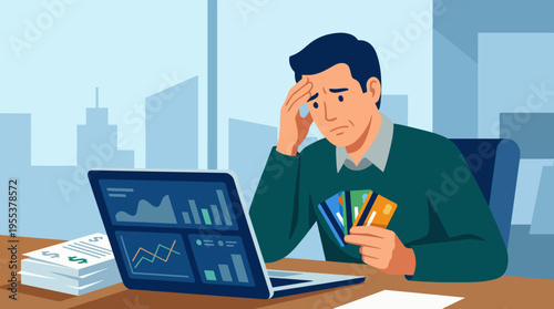 A man looks stressed at his laptop, holding multiple credit cards, conveying feelings of financial pressure and the challenges of personal finance management.