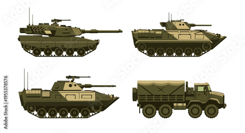 Modern Military Combat Vehicles Set: Heavy Battle Tank, Armored Infantry Fighting Vehicles, and Tactical Logistics Truck Illustration