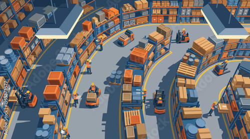 This image showcases a vibrant warehouse scene filled with workers, shelves stacked with goods, and forklifts in motion, highlighting dynamic warehouse operations.
