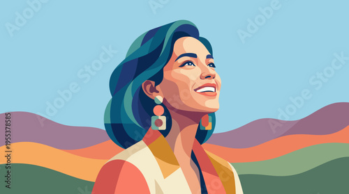 This vibrant image captures a joyful woman with a bright smile, gazing upwards against a colorful nature backdrop, symbolizing hope and positivity amidst life’s challenges.