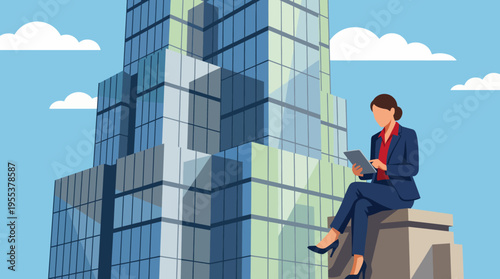A confident businesswoman sits outdoors with a tablet, showcasing empowerment and tranquility against a backdrop of a modern skyscraper, symbolizing success and ambition.