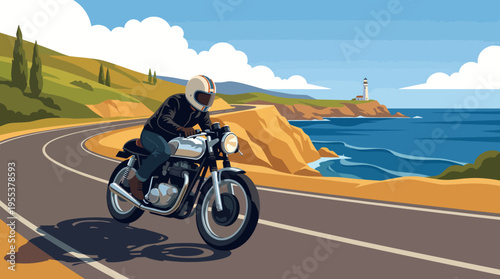A cool biker rides along a scenic coastal road, capturing freedom and adventure, with the majestic ocean waves and a lighthouse in the background, illustrating outdoor exploration.