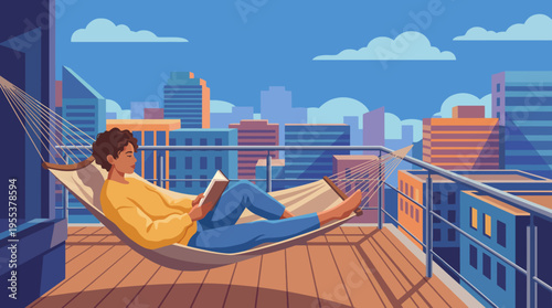 A cozy scene of a person reading on a balcony hammock, surrounded by a vibrant cityscape, showcasing relaxation and leisure amidst urban life and beautiful weather.