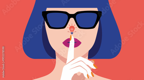 A stylistic representation of a woman with a lightbulb above her nose, symbolizing creativity and innovation while showcasing a modern and artistic approach to problem-solving.