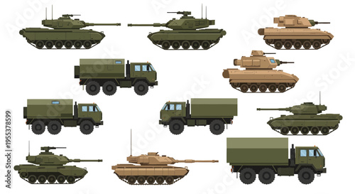 Military Vehicle Vector Set: Modern Battle Tanks, Armored Personnel Carriers, and Army Logistics Trucks Isolated on White Background