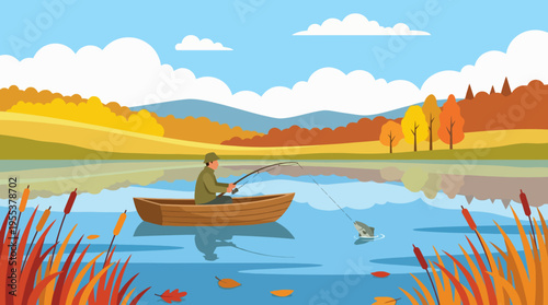 A serene illustration of a person fishing from a small boat on a tranquil lake surrounded by autumn foliage, capturing the essence of relaxation and nature’s beauty.