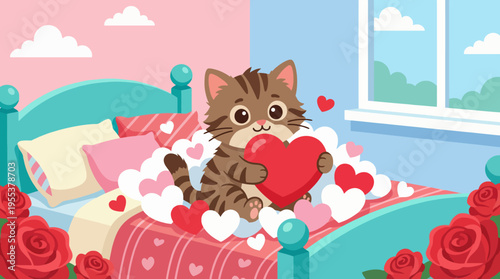 An adorable illustration of a cat holding a heart in a cozy bedroom filled with roses and fluffy bedding, symbolizing love, companionship, and warmth.