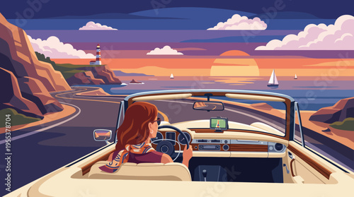 A vibrant illustration depicting a person driving a convertible along a coastal road with a beautiful sunset, lighthouse, and sailboats in the background.