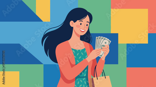 A vibrant illustration of a smiling woman holding cash in her hand with a shopping bag beside her, representing the joy of shopping and financial empowerment in a colorful backdrop.