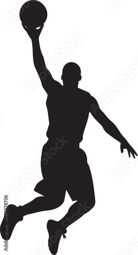 Silhouette of a basketball player in mid air dunking a ball with one hand