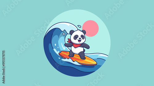 A playful illustration of a panda surfing on a wave, showcasing the adventurous spirit and fun of beach life in a vibrant, cartoonish style that appeals to all ages.