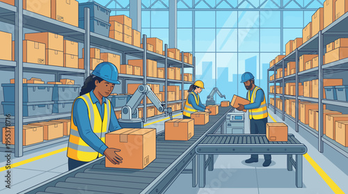 This dynamic illustration portrays workers in a warehouse using technology and teamwork to manage packages efficiently, showcasing productivity and modern work life.