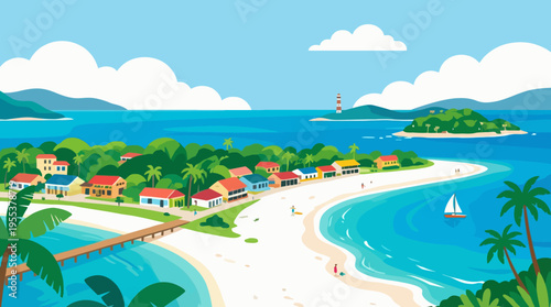 This vibrant illustration depicts a tropical beach scene with colorful houses, palm trees, and clear waters, creating a perfect getaway for relaxation and leisure.