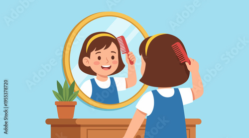 This cheerful illustration captures a young girl smiling while combing her hair in front of a mirror, depicting a moment of self-care and youthful joy.
