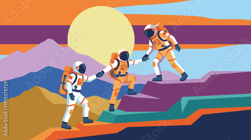 This artistic depiction of astronauts exploring an alien landscape showcases teamwork and discovery amidst the beauty of the unknown, symbolizing human curiosity.