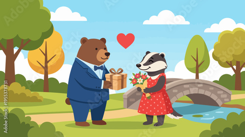 In a vibrant outdoor park, a bear in a suit presents a beautifully wrapped gift to a badger in a lovely dress, surrounded by nature's beauty, promoting love and partnership.