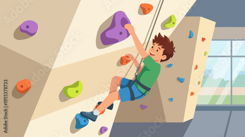 A young boy is energetically climbing a colorful indoor rock wall, showcasing his adventurous spirit while engaging in a fun and physically challenging activity.