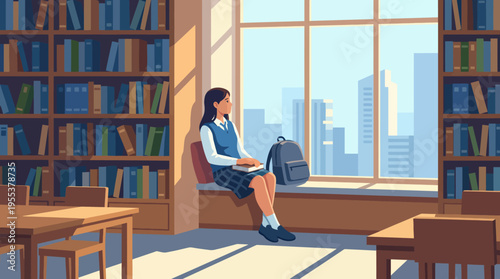A thoughtful student in a school uniform sits by a window in the library, gazing outside with a backpack beside them while surrounded by shelves full of books.
