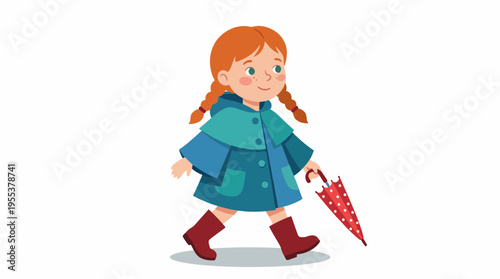 A cheerful girl wearing a colorful coat walks confidently with a polka dot umbrella, enjoying a rainy day as she steps through the puddles with delight and curiosity.