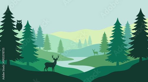 Foto A peaceful green landscape featuring trees, a winding river, and deer, creating a tranquil and harmonious nature scene that promotes relaxation and serenity