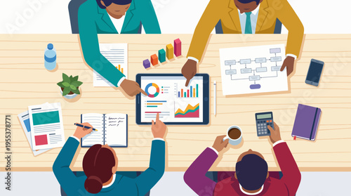 An overhead view of a diverse team engaged in a business meeting, collaborating on charts and data, reflecting teamwork and productive brainstorming in a modern workspace.