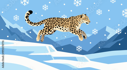 A stylish illustration of a leopard leaping across a snowy landscape, embodying grace and agility in a whimsical winter setting with blue tones and snowflakes.