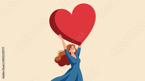 A joyful woman in a blue dress holds a giant red heart aloft, embodying themes of love, happiness, and positivity in a vibrant and inviting illustration.
