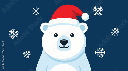 An adorable illustration of a polar bear wearing a Santa hat against a blue backdrop, evoking feelings of joy, warmth, and the festive spirit of winter holidays.