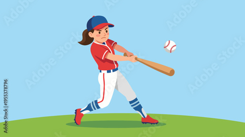 A determined girl swinging a bat in a baseball field during an action shot, showcasing athleticism and focus while playing the beloved sport of baseball.