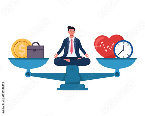 man balancing life and work on scales young guy in lotus position balance work life balance. health versus career
