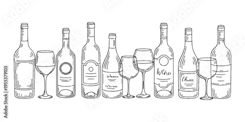 An elegant still life of wine bottles and glasses on a table