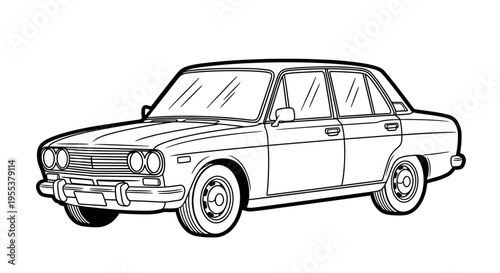 Black and white outline of a vintage sedan car.