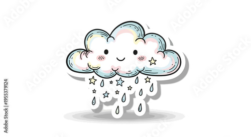 Cute cartoon cloud character with happy face and colorful raindrops illustration