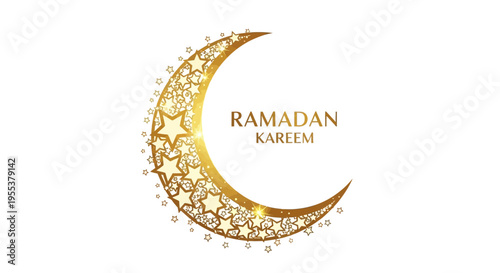 Golden crescent moon with stars and text Ramadan Kareem