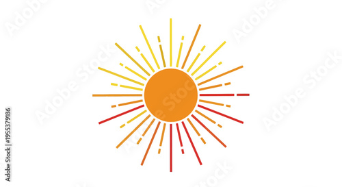 Bright abstract sun icon with radiating warm color rays on white background.