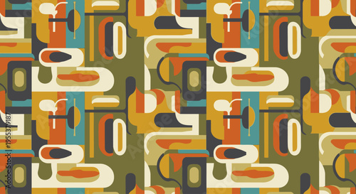 Seamless mid century modern abstract geometric pattern with retro earth tones