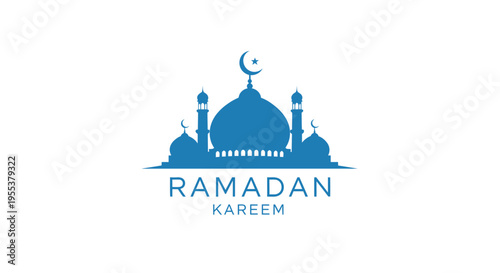 Ramadan Kareem greeting with blue mosque silhouette illustration.
