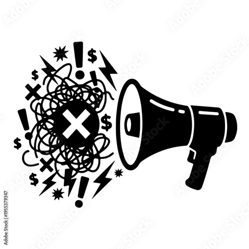 Megaphone icon broadcasting chaos symbols and distorted elements, representing the spread of disinformation, mass panic, and negative media influence. Minimalist black and white vector