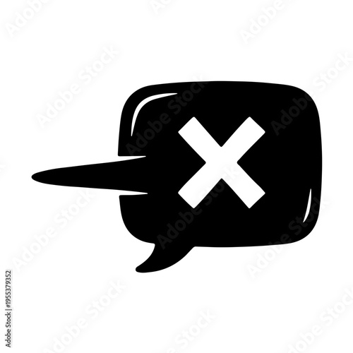 Speech bubble icon with a long Pinocchio nose, a visual metaphor for lies, fake news, and dishonesty in communication. Minimalist black and white vector illustration