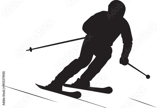 Silhouette of a skier in motion on snow covered slope with ski poles