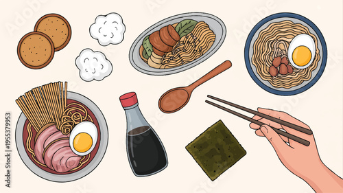 An illustration depicts a hand holding chopsticks and various Asian-style noodle dishes with eggs and ingredients.