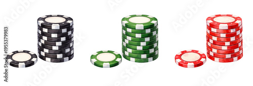 A vibrant collection of watercolor casino poker chips in black, green, and red colors, featuring stacked gambling tokens isolated on a transparent background.