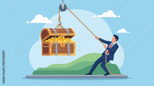 A businessman is depicted pulling a treasure chest filled with gold coins, representing success, wealth, and ambition in a visually appealing and modern illustration.